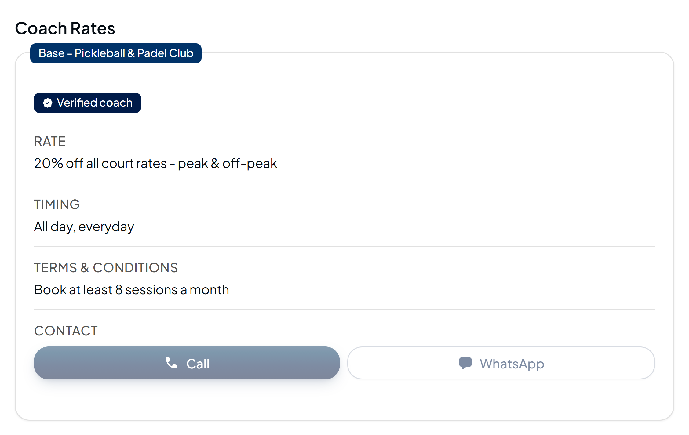 Coach Rates on a court page - discounted rate, eligible timing, booking terms and a direct line to the venue